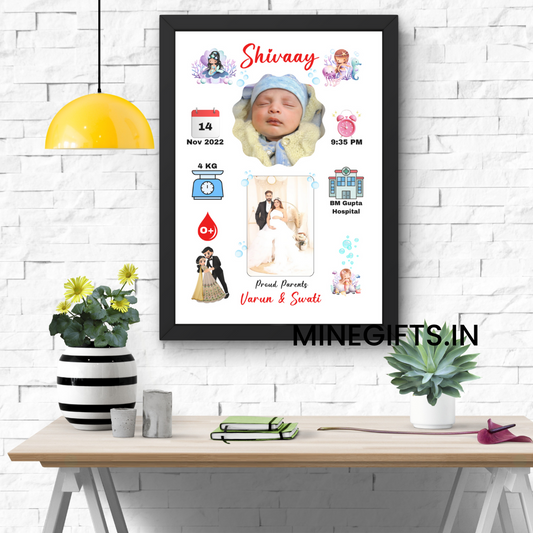 Kid Birth Details Photo Frame with Parents (Black)